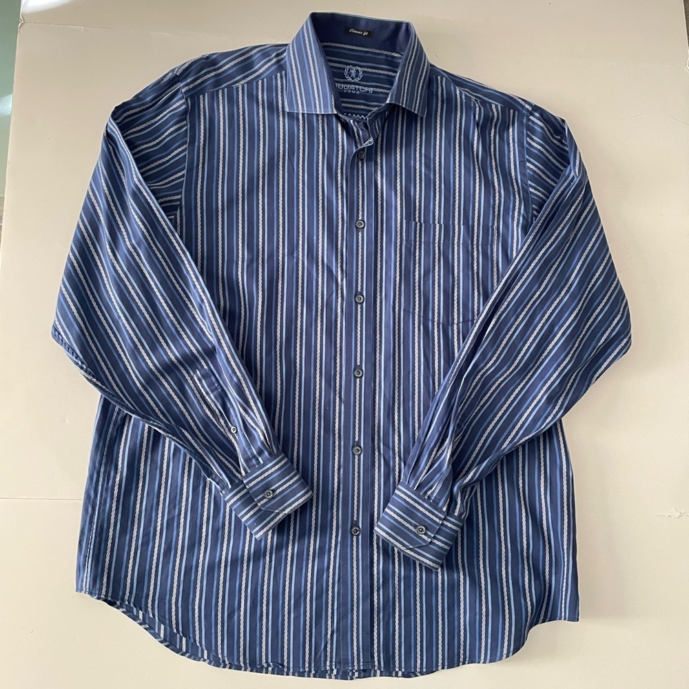 Bugatchi Uomo Mens Dress Shirt XL Long Sleeve Button Up Striped Blue Classic Fit